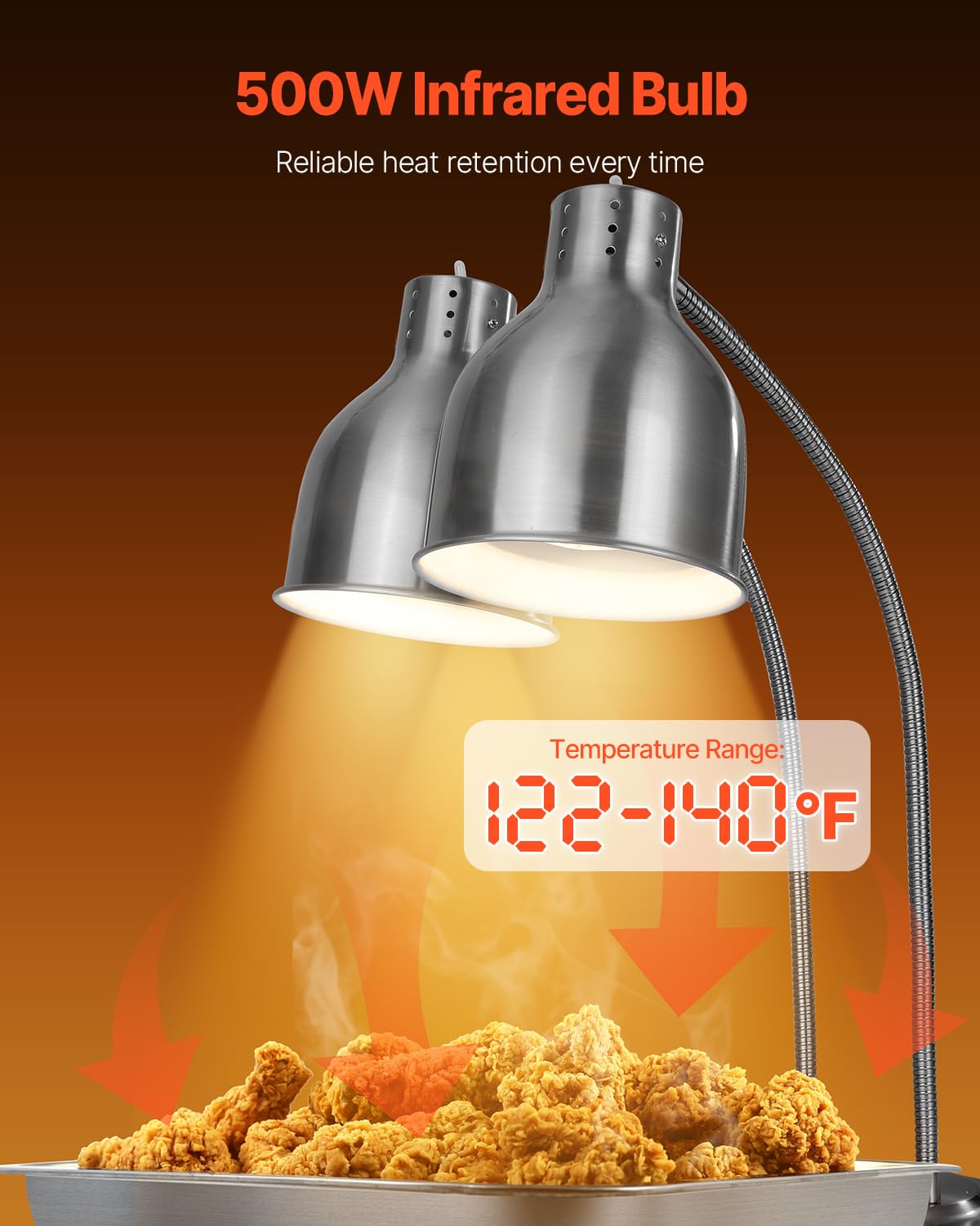 VEVOR Food Heat Lamp, 500W Electric Commercial Food Warmer Light, 2-Head Stainless Steel French Fry Heating Lamp with 3 Bulbs, Catering Food Warming Equipment for Kitchen, Buffet, Restaurant, Silver