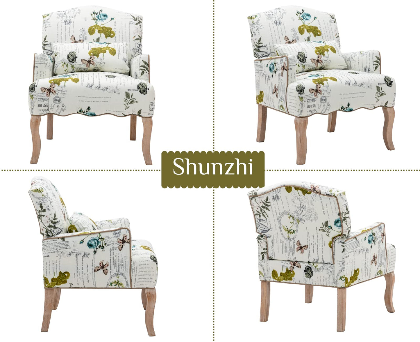 Shunzhi Mid Century Accent Chairs Set of 2Modern Floral Armchair Upholstered Reading Chair Comfy Linen Single Sofa Chair with Pillow for Bedroom/Living Room/Fireplace, Beige, Butterfly Pattern, 2PCS