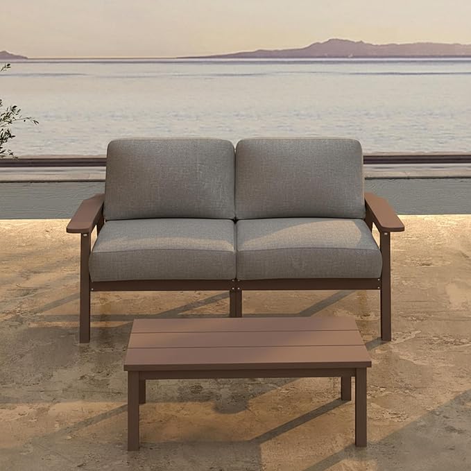 Patio Kingdom Patio Furniture Set 2 Seats, HDPE Outdoor Sectional with Gray Washable Thick Cushions, Coffee Table, Patio Conversation Sets for Lawn, Garden, Porch, Balcony, Deck (Brown Frame)