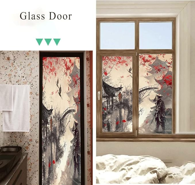 Vintage Japanese Samurai Air Window Film Watercolor Ink Ancient Cherry Blossom Red Sunblackout Window Film,Playroom Window Film 17.7Wx23.6L-Inch X2Pcs