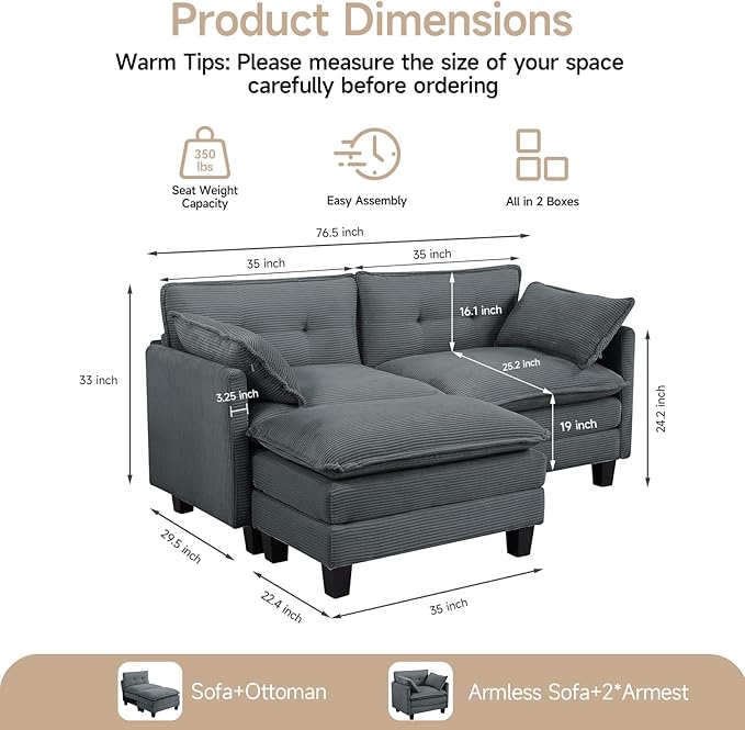 Amsleekey Modular Sectional Sofa, 76.5" L-Shaped Corduroy Comfy Sectional Couches for Living Room, 2-Seater Cloud Couches with 1 Movable Ottoman, Flexible Combination Modern Deep Seat Sofa (Grey)