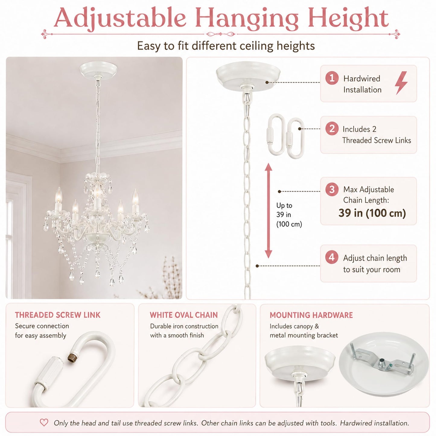 Antique House Small White 5-Light Crystal Chandelier, Modern Glass Chandelier Lighting Fixture, Small Chandelier for Bedroom, Dining Room, Living Room, Kitchen, Foyer, Girls Room Ceiling Light
