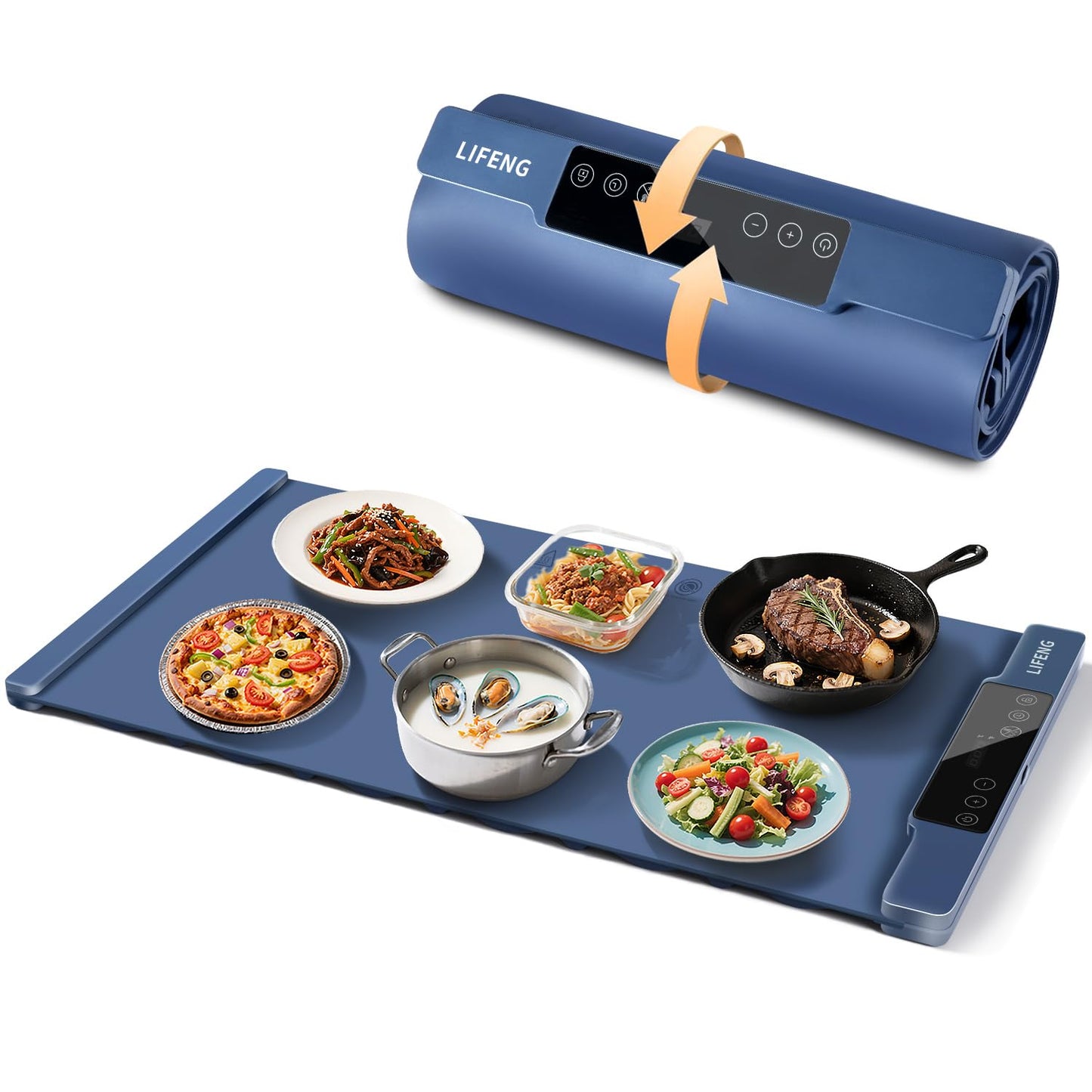 Warming Mat for Food, 15"x31.6" Extra Large, 7 Temperature Levels & Timer, Fast Full-Surface Heating, Rollable Waterproof Silicone Tray with Auto Shut-Off for Buffet, Party, Home, Travell(Blue)