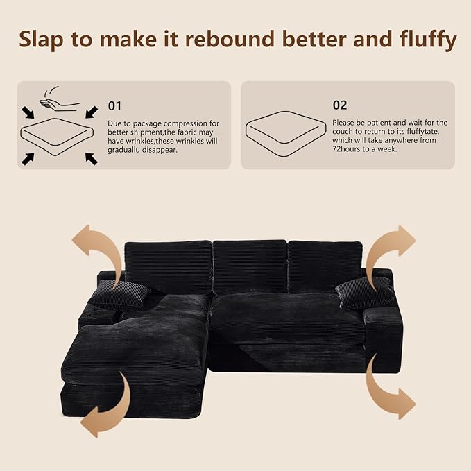 98.4" Black Sectional Sofa Cloud Modular Sectional Couch with Chaise,Corduroy Sectional Couches L-Shaped Modern Upholstered Sofa with Deep Seat for Living Room and Bedroom,No Assembly Required(Black)