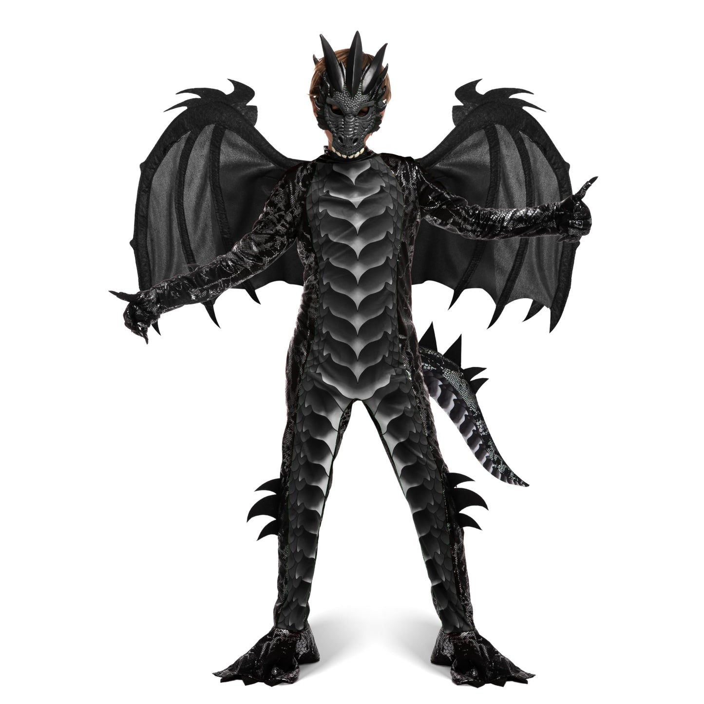 Spooktacular Creations Halloween Kids Dragon Costume, Dark Jumpsuit, Boys Dragon Wings, Tail and Mask Set for Halloween Dress Up-S
