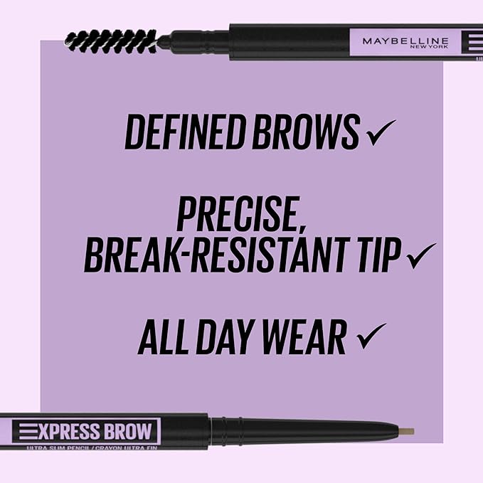 Maybelline Express Brow Ultra Slim Eyebrow Makeup, Brow Pencil with Precision Tip and Spoolie for Defined Eyebrows, Soft Brown, 1 Count