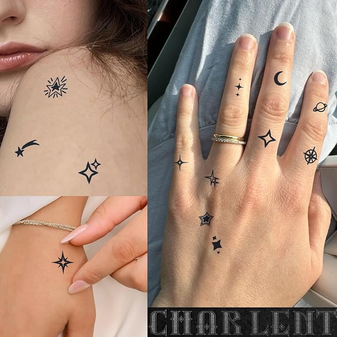 CHARLNET Stars Semi-Permanent Tattoos for Adult - 2 Weeks Long Last Small Fake Tattoos for Women Men Face Finger Neck Body/Fades Naturally/No Reflection/Waterproof/Realistic