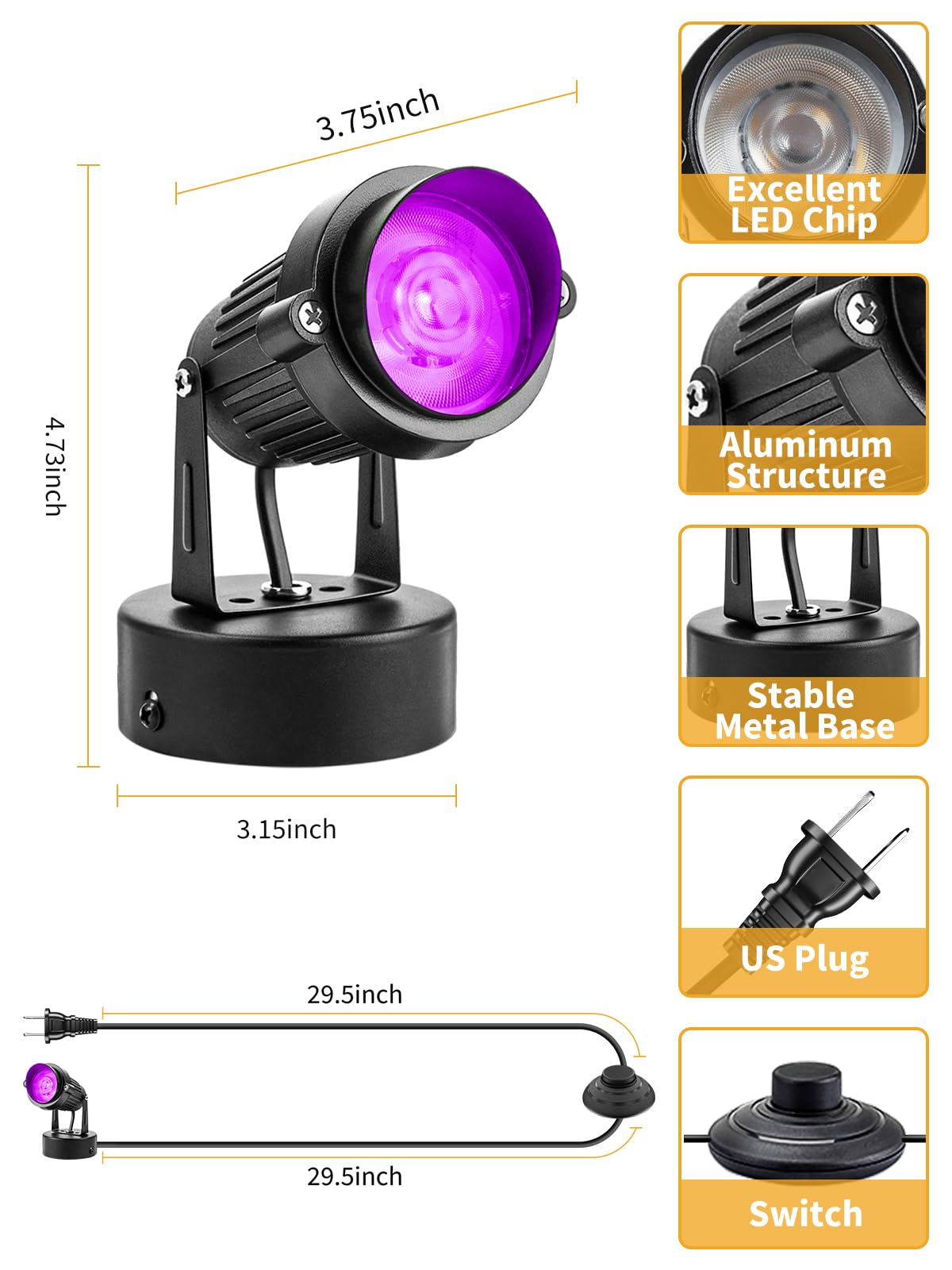 ZUCKEO LED Spot Lights Indoor RGBW Up Lights with Remote, 120V 10W Uplighting Indoor Spotlights Plug in, 4.92FT Code Accent Flood Light Christmas Color Changing Landscape Lighting with Switch (2Pack)