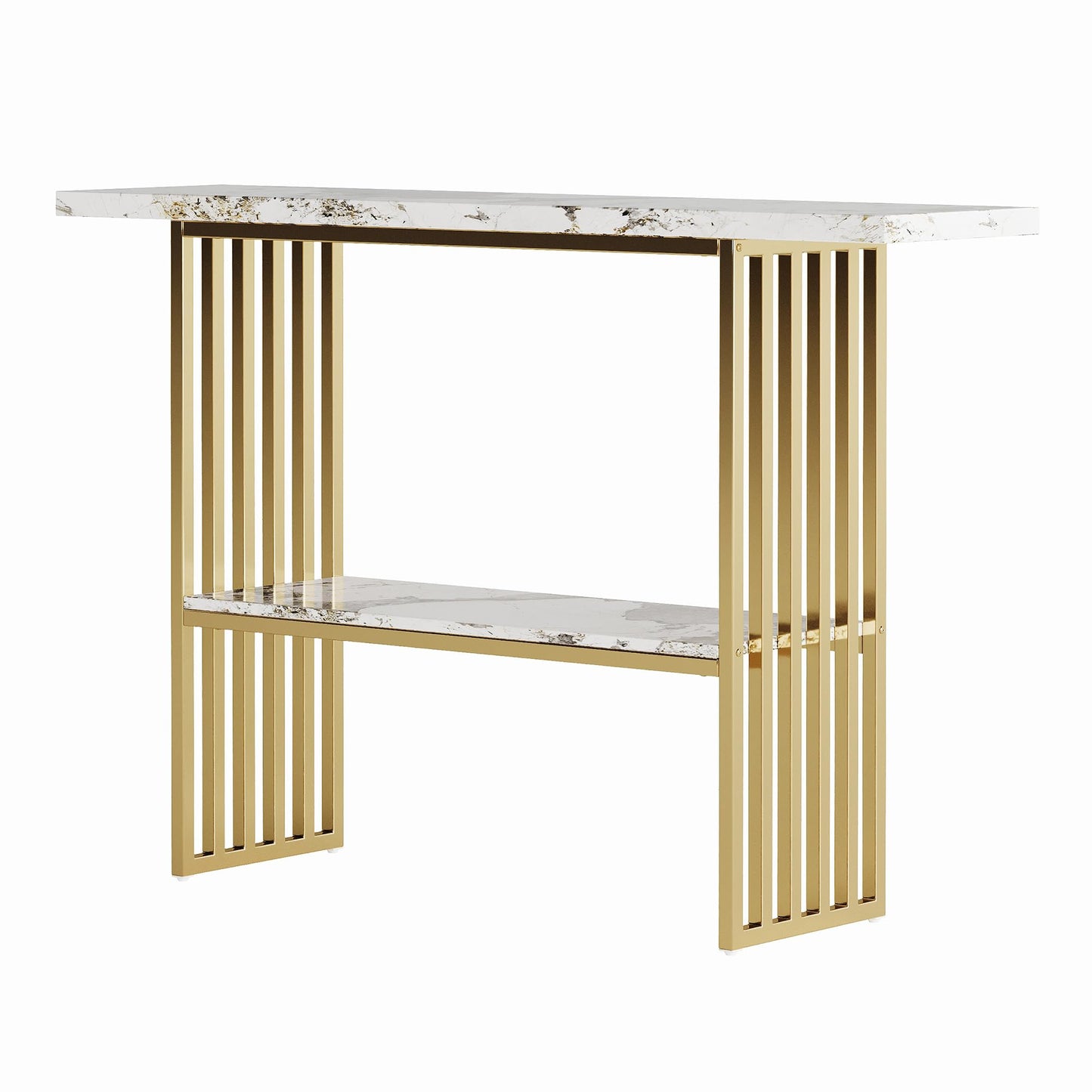 GDFStudio 47.2" Modern Console Table with Shelf, Luxury Narrow Entryway Table with Faux Marble Top and Gold Metal Frame, Sofa Tables Behind Couch for Living Room Foyer Hallway, Gold White