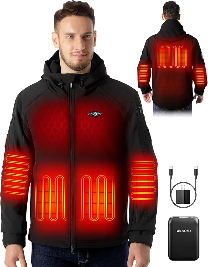 WASOTO Heated Jackets for Men with 9V 18400mAh Battery Pack Included Windproof Waterproof for Snowboarding