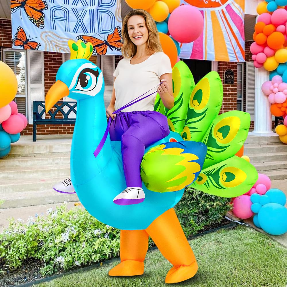 KOOY Inflatable Costume for Adult,Peacock Halloween Costumes Air Blow up Costumes for Women Girls, Funny Ride on Peacock Costume, Inflatable Suit for Men Halloween Party