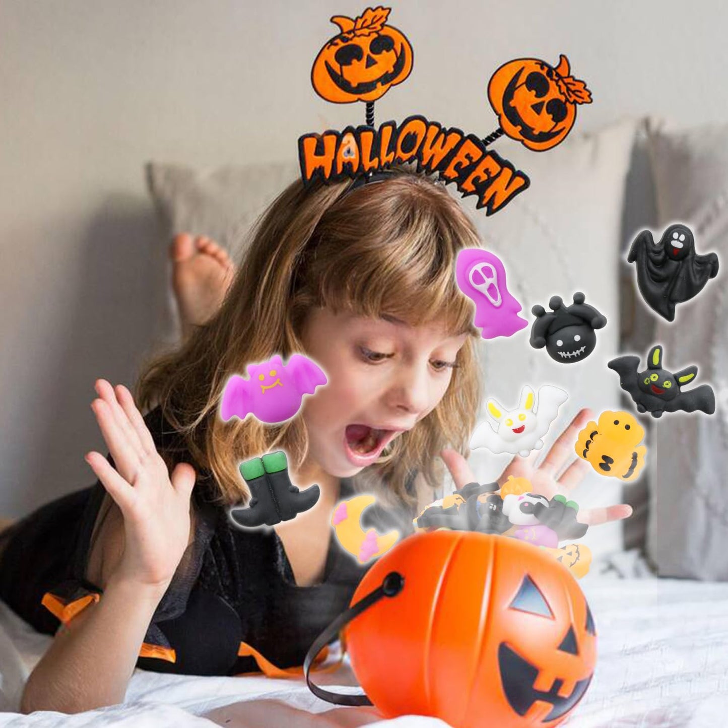50 Pcs Halloween Mochi Squishy Toy Party Favors ,Mini Squishies Cute Squeeze Toy Stress Reliever Anxiety Packs for Boys and Girls
