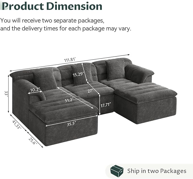 SUNG7 111.8" Modular Sofa with Ottoman, Boneless Cloud Couch with Deep Seat, Comfy U-Shape Corduroy Couches for Living Room, No Assembly Required, Dark Gray