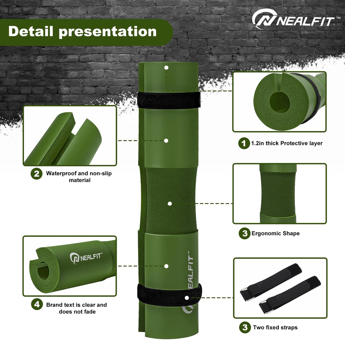 NEALFIT Barbell Pad Squat Pad for Squats—Squat Bar Pad—Great for Weightlifting,Lunges and Hip Thrusts—Foam Sponge Pad—Fit Standard and Olympic Bars Perfectly (Army Green)