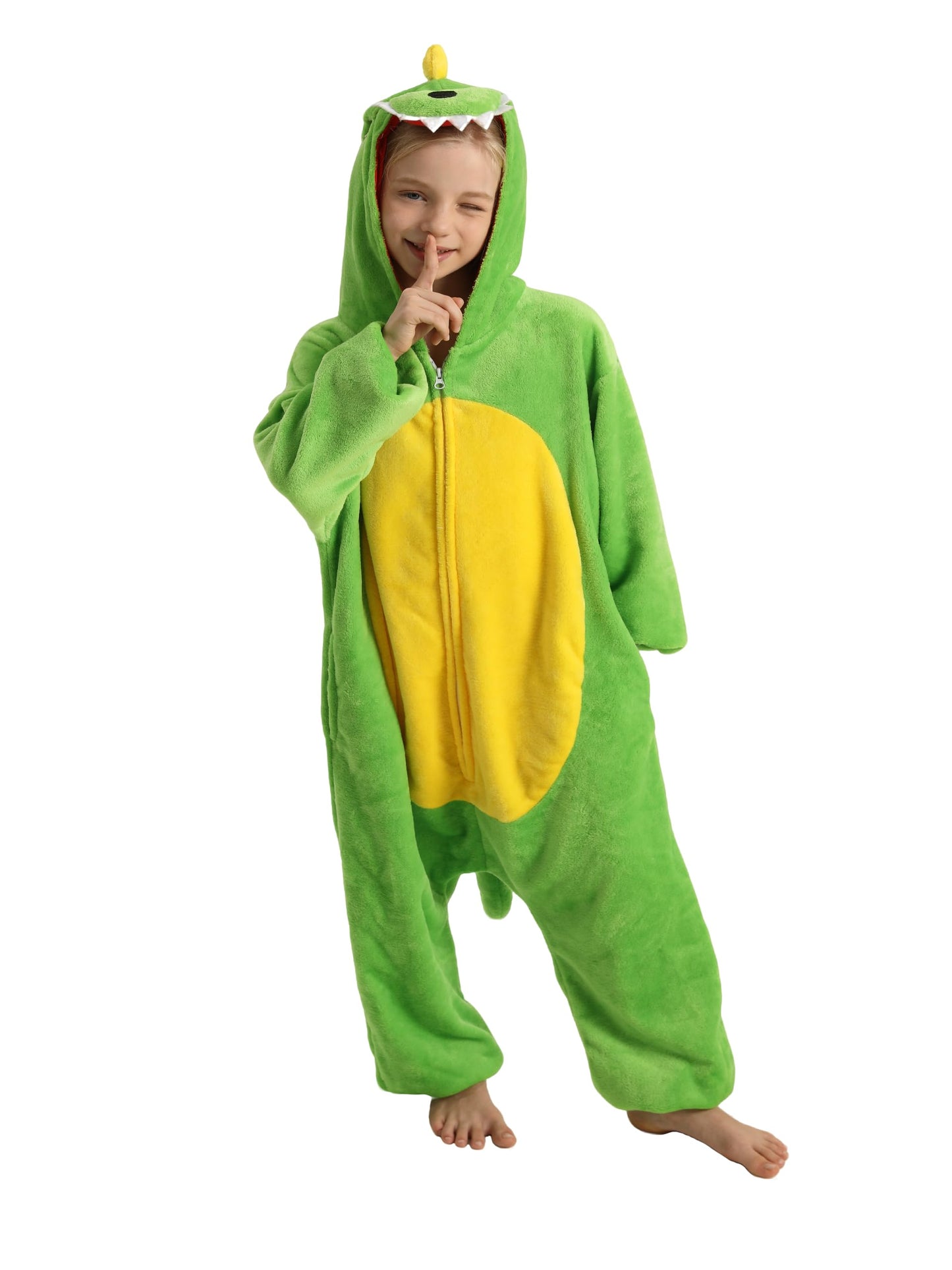LONULAIN Unisex Kids Animal Oneise Pajamas, Boys Girls Flannel Hooded Halloween Cosplay Costume/Homewear/Sleepwear (Dinosaur,13-14 Years)