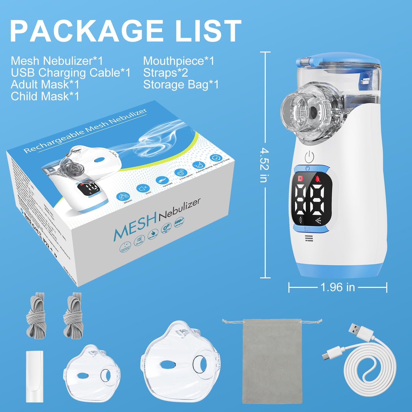 Portable Handheld Mesh Nebulizer, 2 Adjustable Mist Levels, Whisper-Quiet ≤20dB - Compact Travel Nebulizer for Adults & Kids, Home, Office Spacer (Blue)