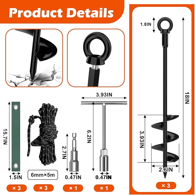 3 Pack 18" Tree Stake Kit, Heavy Duty Spiral Stakes and Supports for Leaning and Young Trees Straightening, Protect Trees from Bad Weather (Black)
