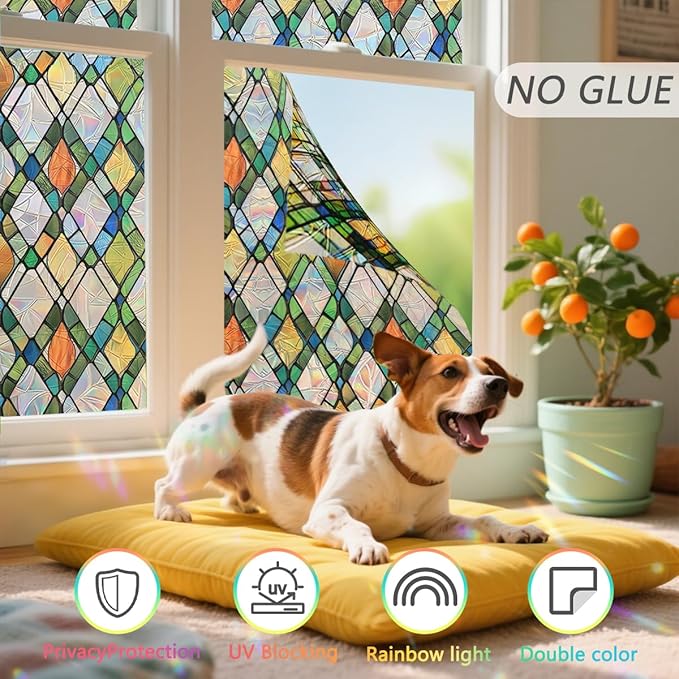 Lattice Stained Glass Window Film Static Cling with Tools - 23.6 x 78.7 Inch Non-Adhesive Privacy Decorative Rainbow Film for Windows, Doors, Sidelights - Easy Install & Remove