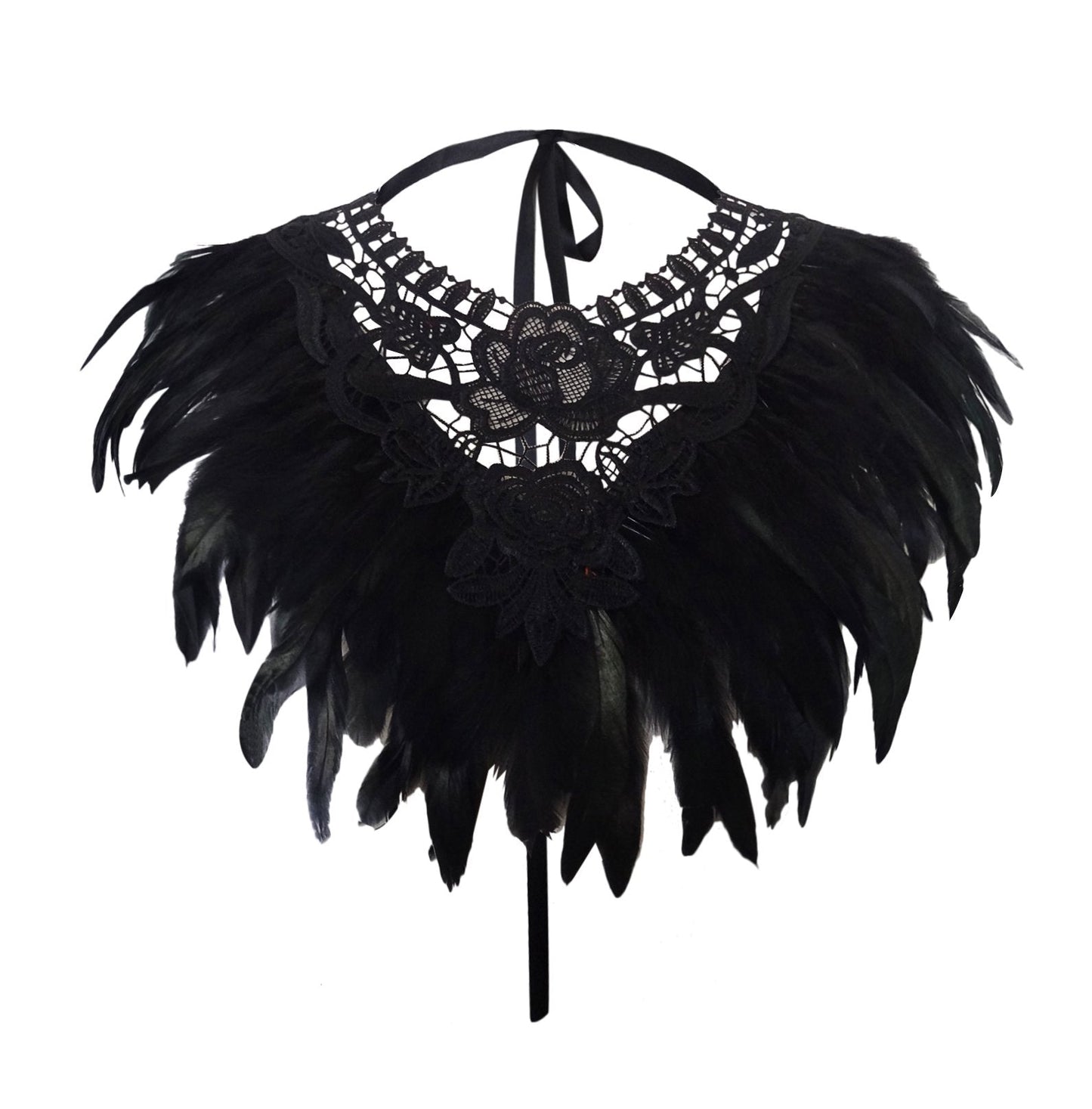 L'VOW Real Black Feather Harness Lace Collar Necklace Bib Halloween (Black)