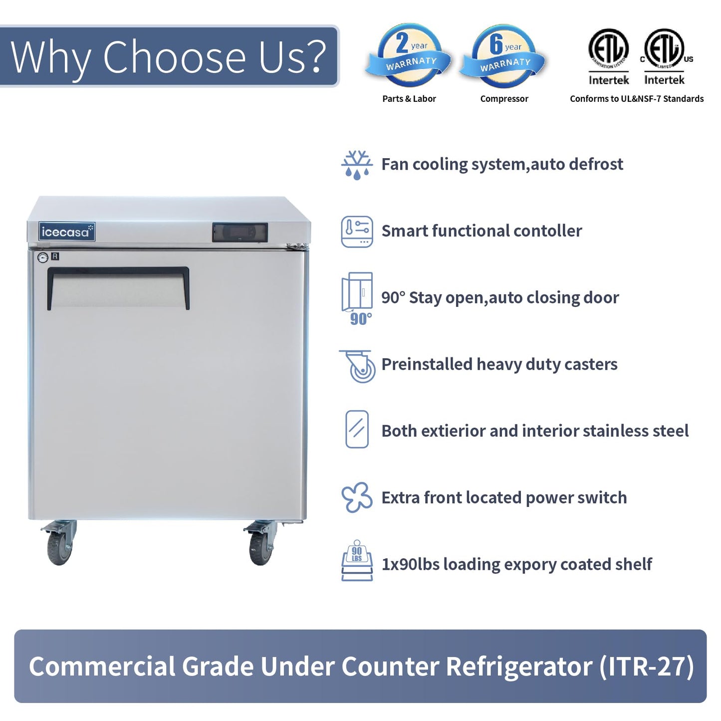 ICECASA 27" W Commercial Refrigerator Worktop Undercounter Refrigerator Single Door Stainless Steel Counter Fan Cooling Refrigerator 7 Cu.ft for Restaurant, Bar, Shop, etc