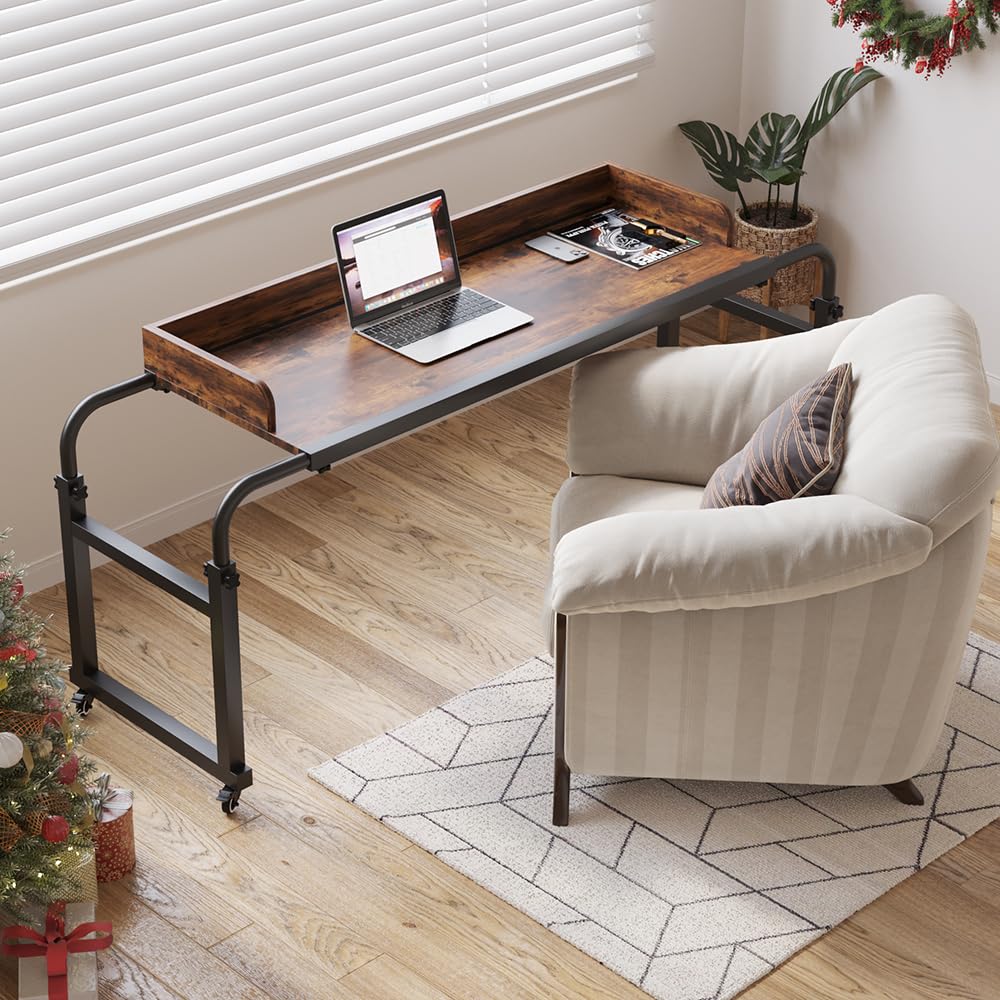 Furist Overbed Table with 360° Wheels, Queen Size Mobile Bed Desk, Recliner Table Over Bed Table Adjustable Height and Length Overbed Table with Heavy Duty Metal Leg for Hospital and Home use