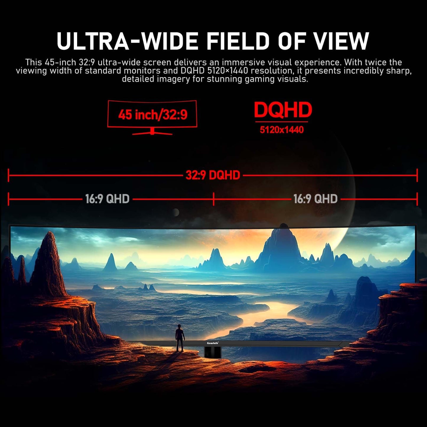 Gawfolk 45 inch Ultra-Wide Curved 1500R Gaming Computer Monitor, DQHD(5120×1440) PC Screen, 185Hz, 1MS, FreeSync, 120% sRGB, Built-in Speaker, HDMI2.1 & DP1.4, Compatible Wall Mount 100 * 00mm- Black