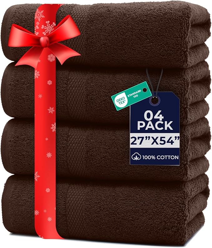 DAN RIVER Bath Towels Set of 4, 27 x 54 Inches, 100% Cotton, Larger & Lighter Weight, Quicker to Dry, Super Soft and Absorbent, Ideal Bathroom Towels for Daily Use, Brown