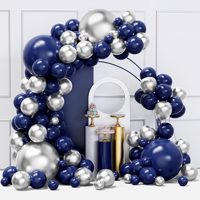 Blue and Silver Balloons Arch Garland Kit, 134pcs Navy Blue and Silver Balloons with Different Size for Birthday Party Bab...