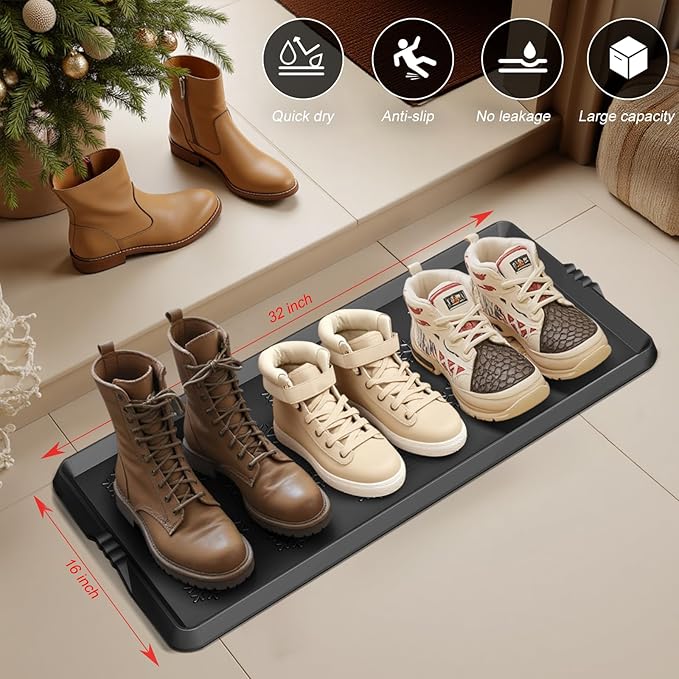 Azadx Heavy Duty Boot Tray Large Shoe Mat Tray for Entryway Multipurpose Shoe Trays for Entryway Indoor Mats Durable Waterproof Rubber Mud Mat Trays for Front Door Non Slip Shoes Mats 16x32 Inch