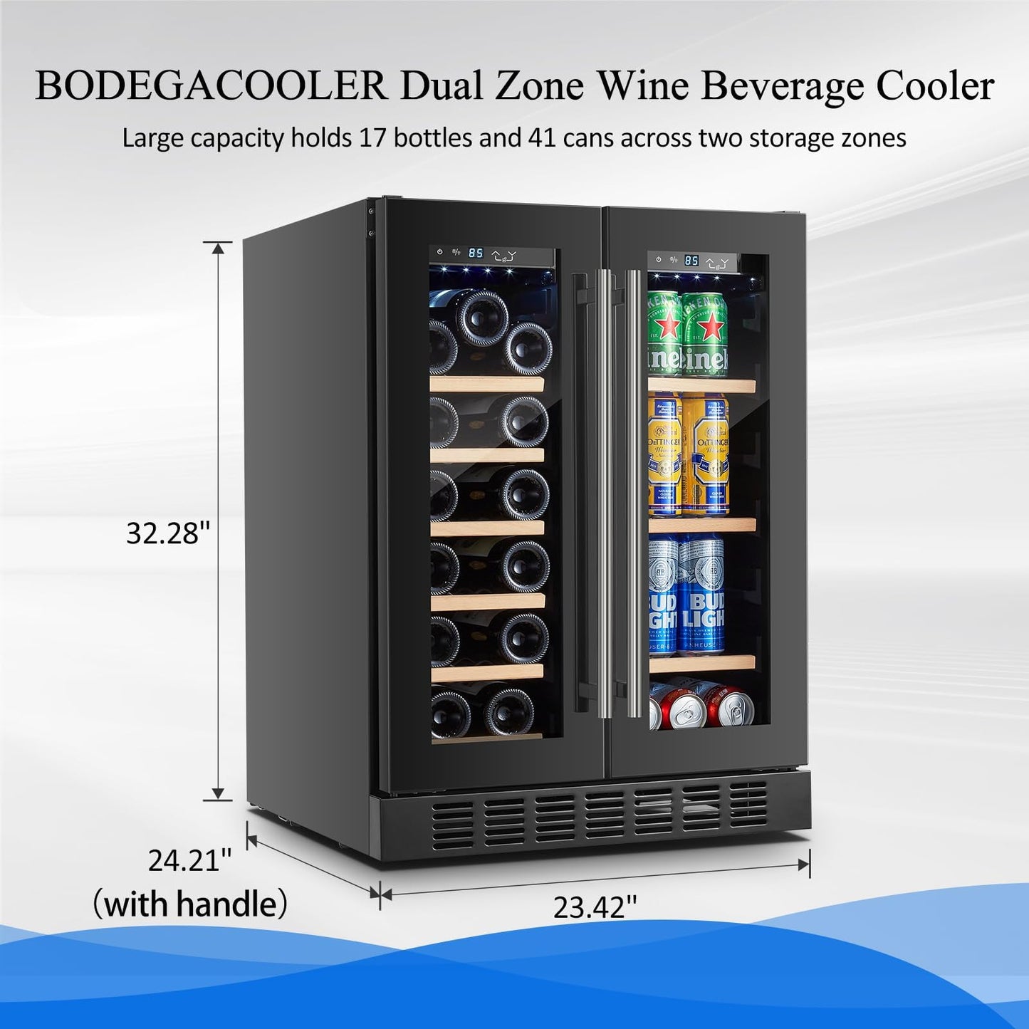 BODEGACOOLER 24 Inch Wine and Beverage Refrigerator Free Standing. Dual Zone Stainless Steel Wine Fridge under Counter, Drink Cooler for Beer, Soda, Champagne, Holds 41 Cans and 17 Bottles, Black