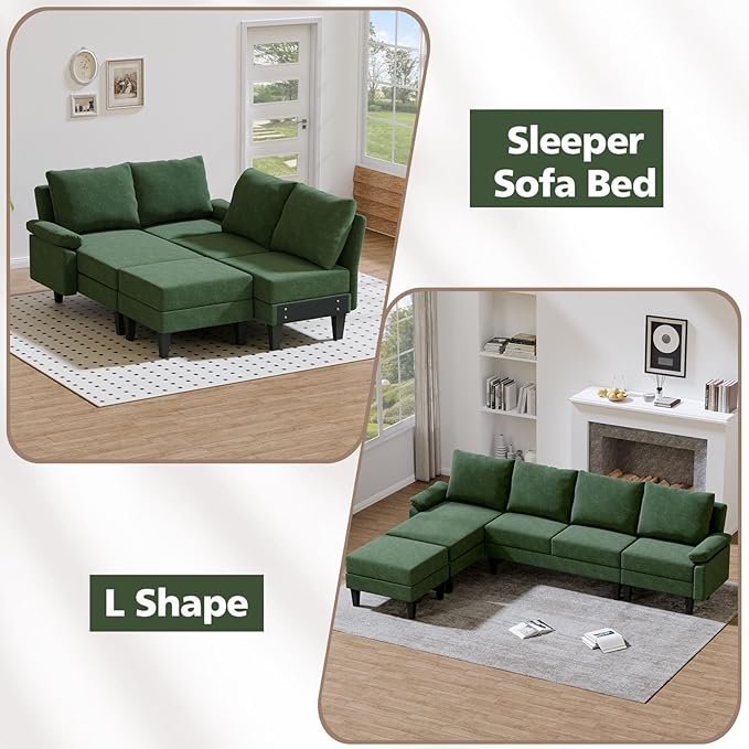 Topcomfy U-Shaped Sectional Couches for Living Room, Convertible 4 Seat Modular Sectional Sofa Set with Ottoman, Modern L Shaped Couch with Chaise for Bedroom Apartment and Office, Chenille Green