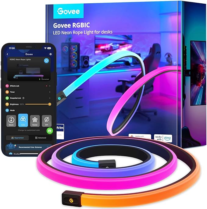 Govee RGBIC Gaming Lights, 10ft Neon Rope Lights Soft Lighting for Gaming Desks, LED Strip Lights Syncing with Razer Chrom...