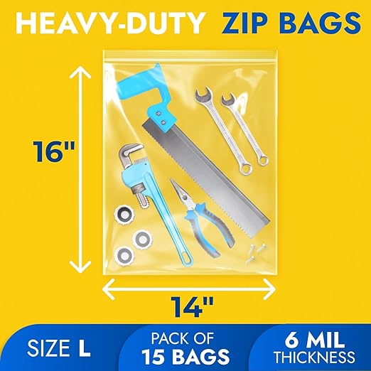 14" x 16" Large Zip Seal Lock Bags, 6 Mil (Pack of 15) – Heavy-Duty Reclosable Plastic Bags – Clear, Resealable, Waterproof – For Storing and Organizing Clothes, Jewelry, and Travel Items