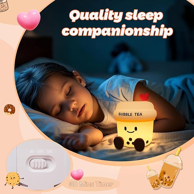 YuanDian Boba Bubble Tea Night Light, Cute Silicone Lamp Gift for Kids Girls Boys, Bedroom Decor for Christmas Birthday - Toddler Safe Kids Room Accessories