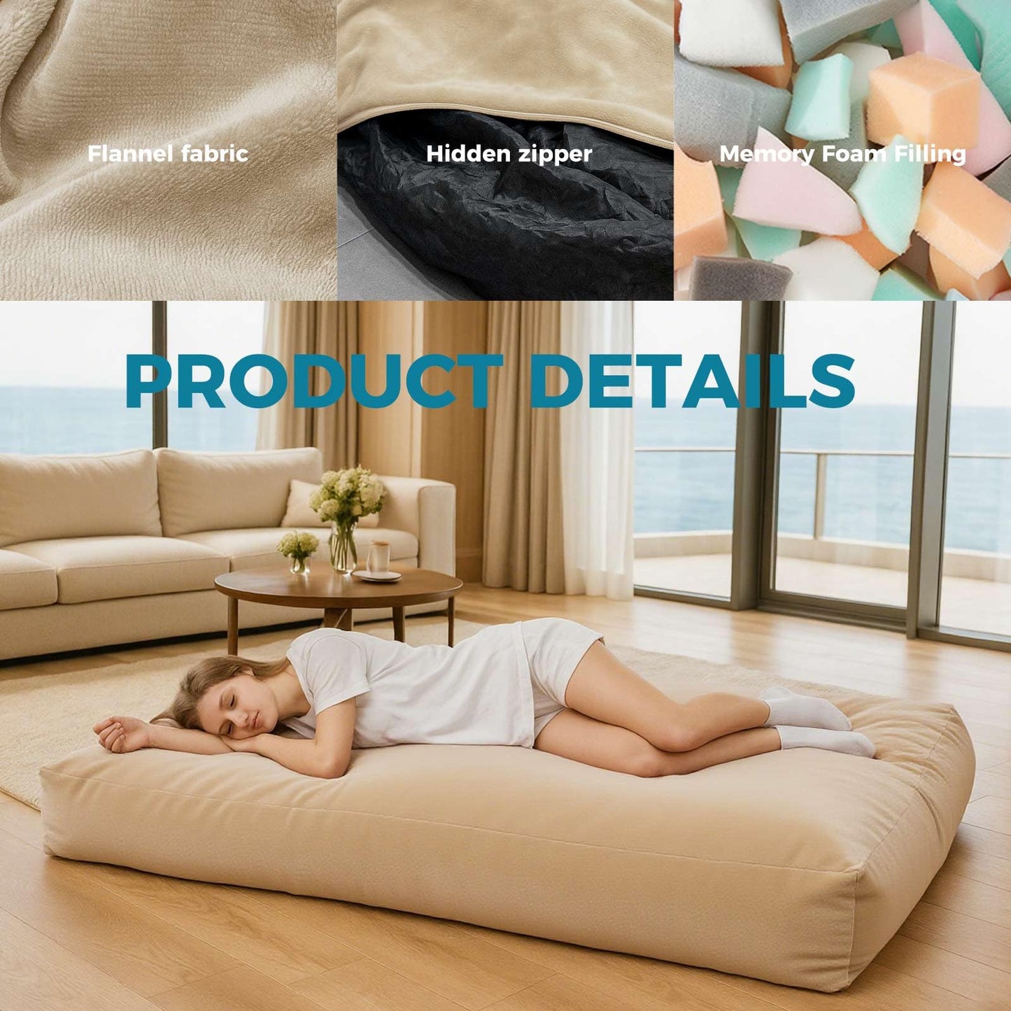 HZYPBS Extra Large Bean Bag Chair，Two in one Bean Bag Bed，It can be Easily Converted from a Chair to a Mattress, Filled with high-Density Foam, Washable Flannel Cover. for Families (Apricot Color)
