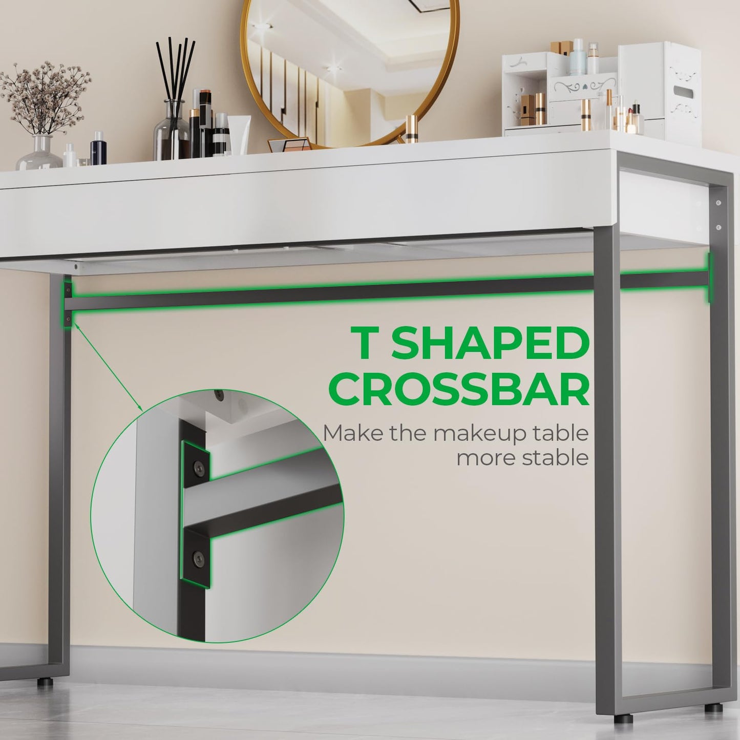 GreenForest Vanity Desk with 2 Drawers,Glossy Desktop White Desk for Bedroom,Makeup Table with Storage Space,Small Desk for Home Office,(39 inch No Mirror)