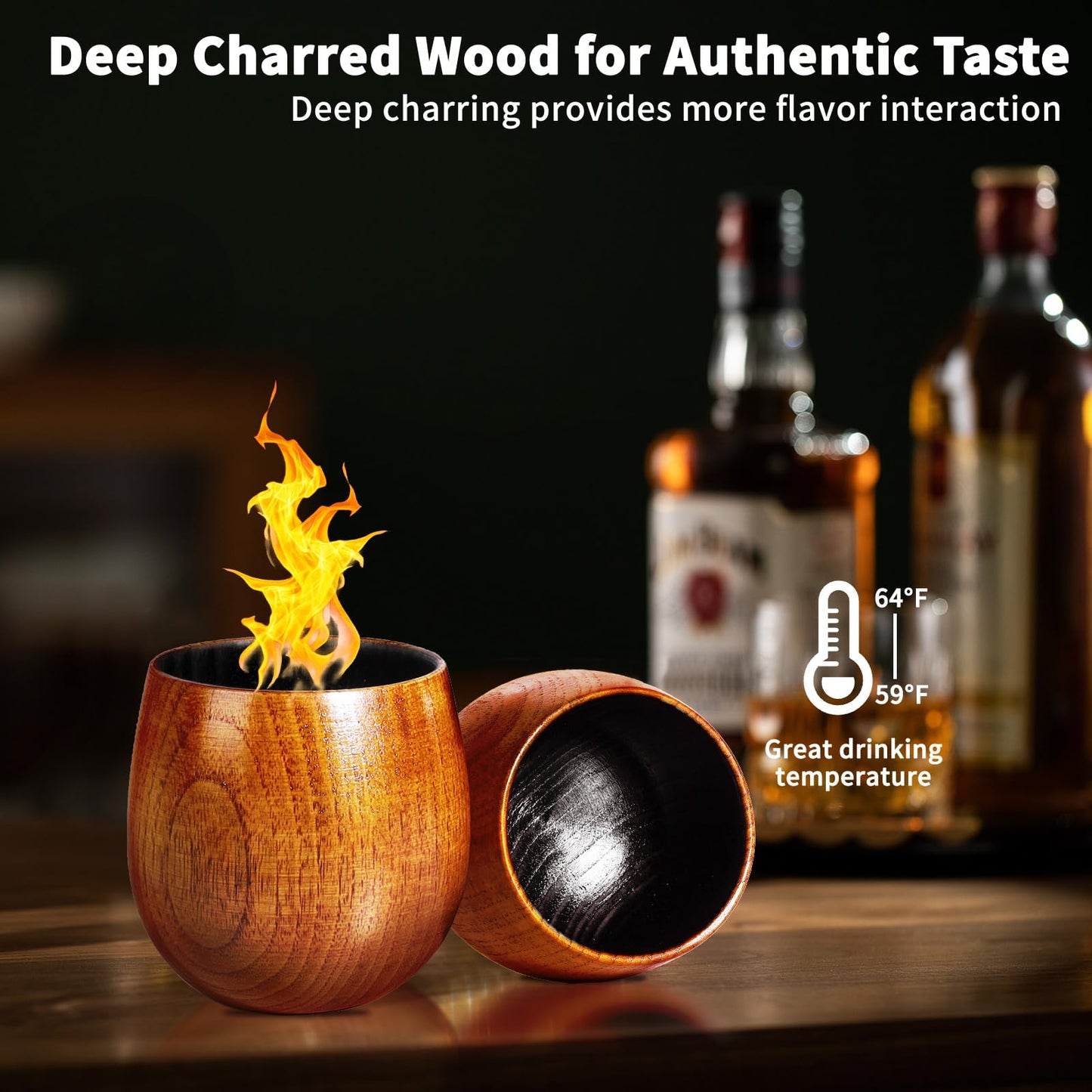 AlgoELF Charred Wooden Bourbon Drinking Glass, Original Charred whiskey Cup, Bourbon Gifts for Men, Wooden Whiskey Glasses Set of 2, Great Anniversary Birthday Gifts for Men, Him, Dad