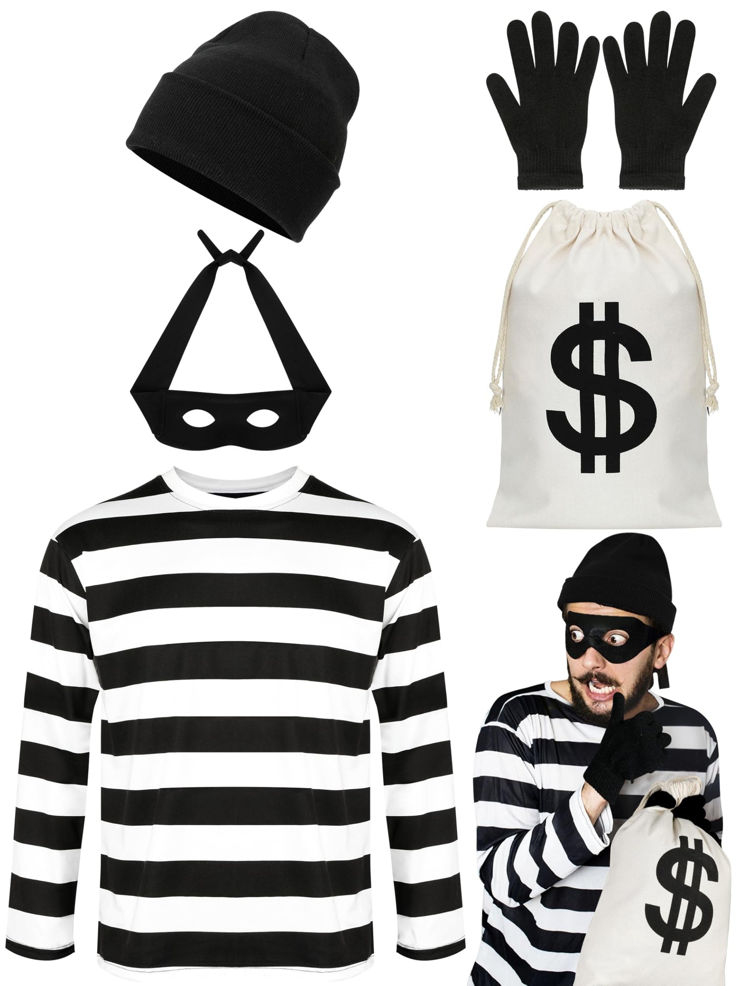 QZYL Robber Costume Set, XL Unisex Thief Cosplay T Shirt Beanie Cap Gloves Eye Masks Money Bags for Halloween