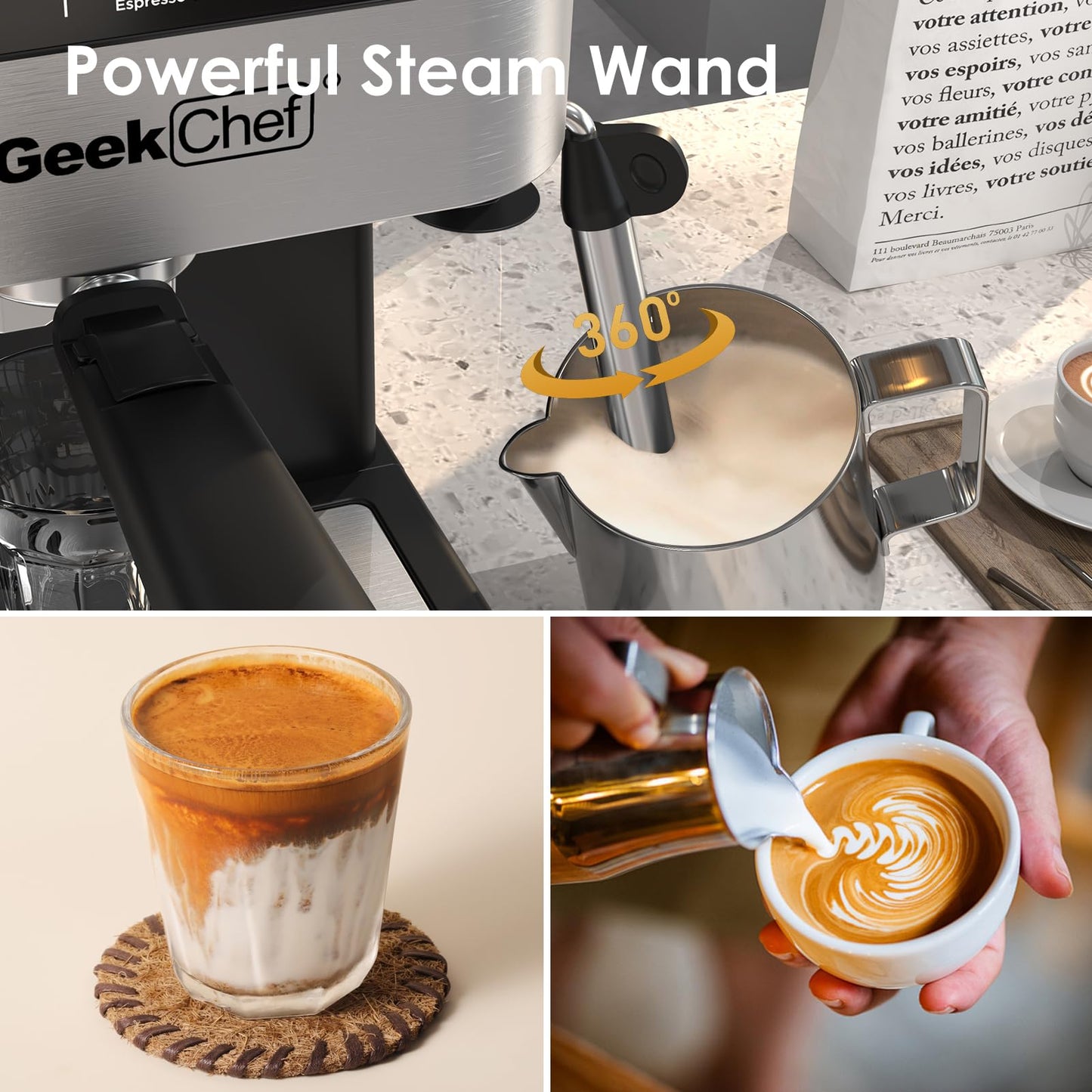 Geek Chef Espresso Machine, 20 Bar Espresso and Cappuccino Coffee Maker, Quick Heating Automatic, Latte & Cappuccino Creator, for Home, for Gift to Family, Friends, Coffee Shops
