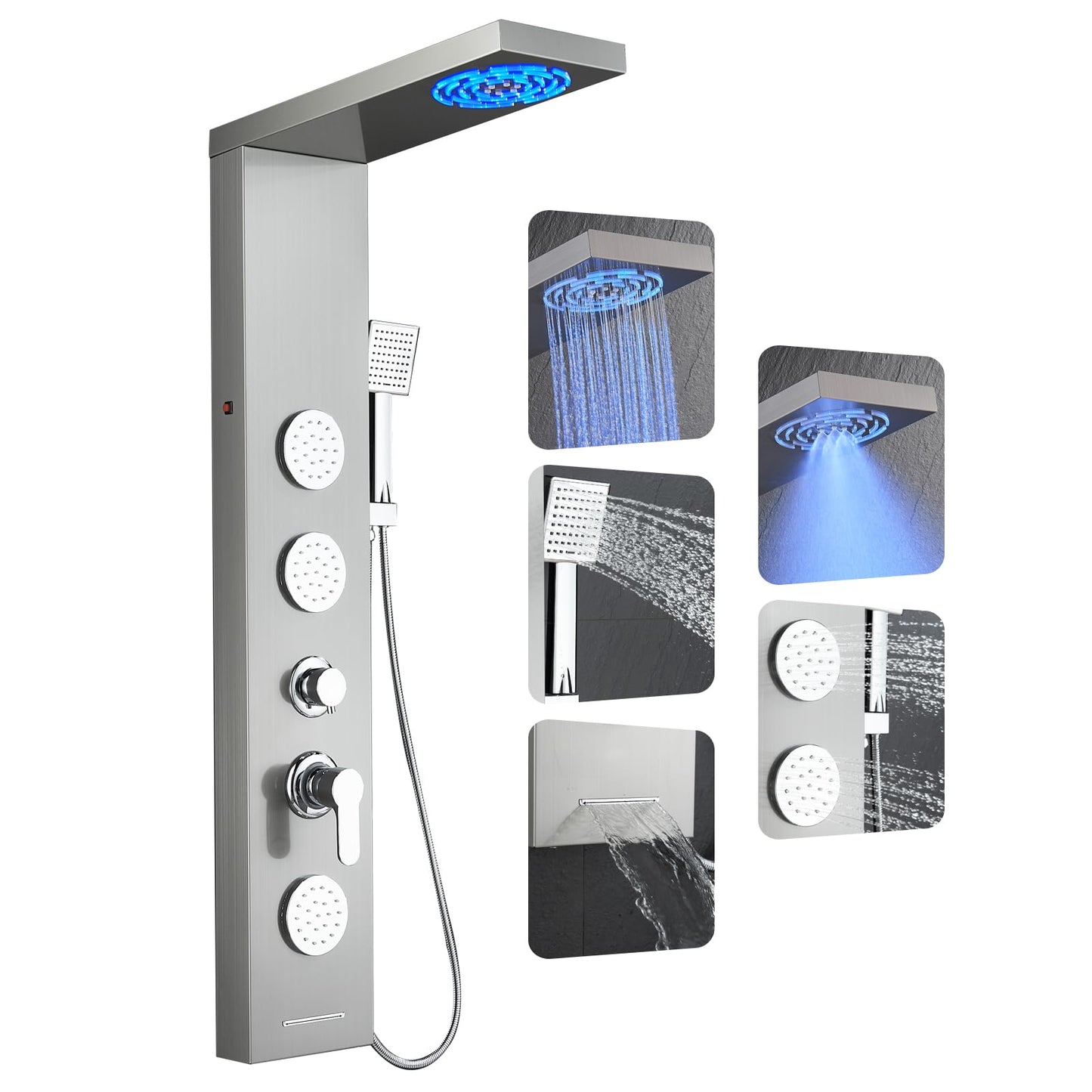 ROVOGO Shower Panel Tower System with Led Lights, 2-Mode Shower Head, 3 Body Jets, Handheld and Tub Spout, 46.5" Stainless Steel Shower Column with Mixer Valve, Brushed