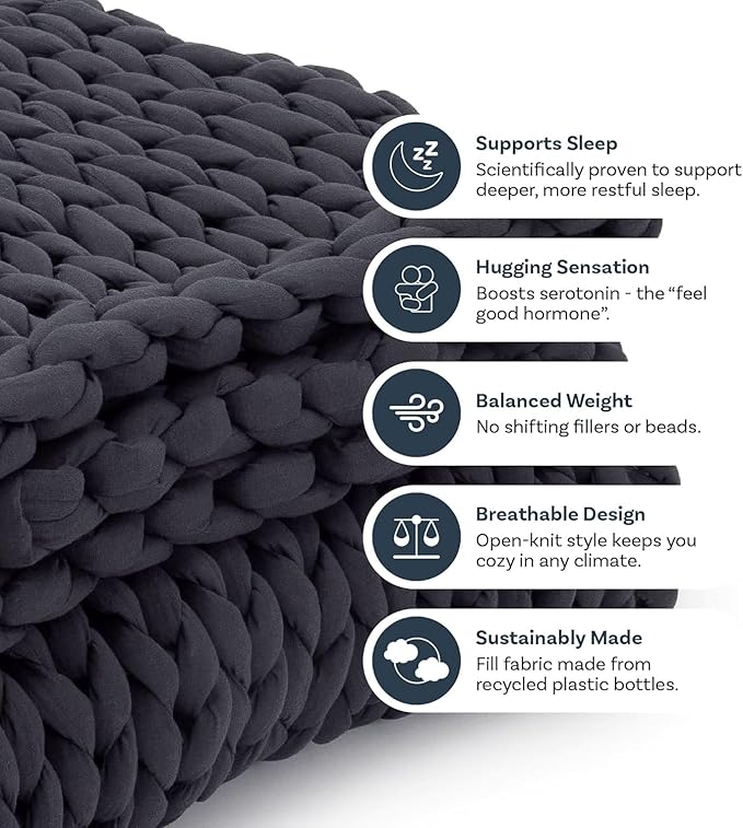 Nuzzie Chunky Knit Weighted Blanket - Breathable, Cooling, Hand Made Knit Throw Blanket for Sleep - Machine Washable, Stylish Design (Charcoal, Queen | 28lbs | 80"x80")