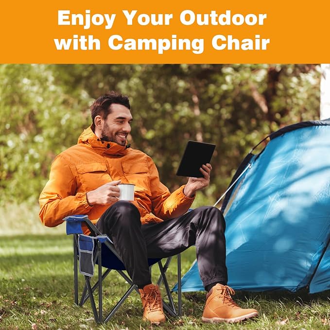 SAILARY Folding Camping Chair Portable Outdoor Heavy Duty Padded Chairs Lawn Chair with Cup Holder, Storage Pocket and Cooler Bag, Supports 450LBS Blue