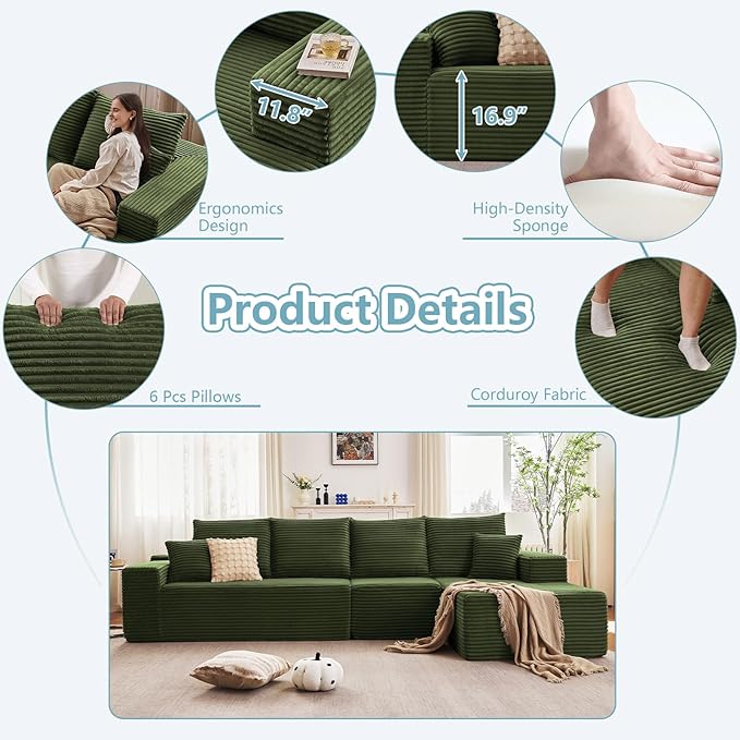 135.4" Cloud Sectional Couch with L-Shape Chaise, Modern Corduroy Boneless Couch for Living Room,Memory Foam Sofa with Deep Seat,No Assembly Required (Green,Right-Facing Chaise)