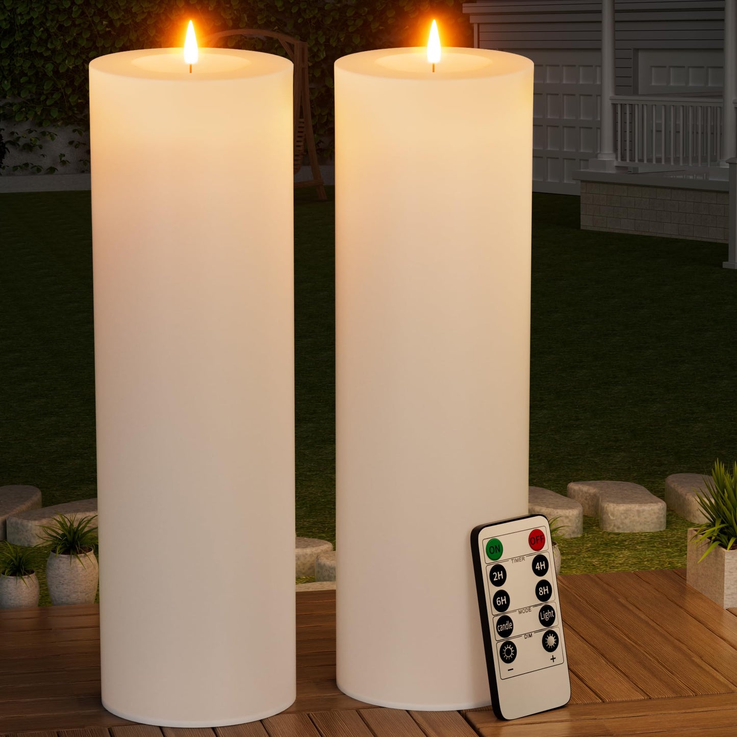 BUTHY 14" x 4" Large Outdoor Candles with Timer Waterproof Flickering LED Flameless Candles Battery Operated with Remote Fake Pillar Candles Realistic for Patio Porch Lanterns, White 2 Pack