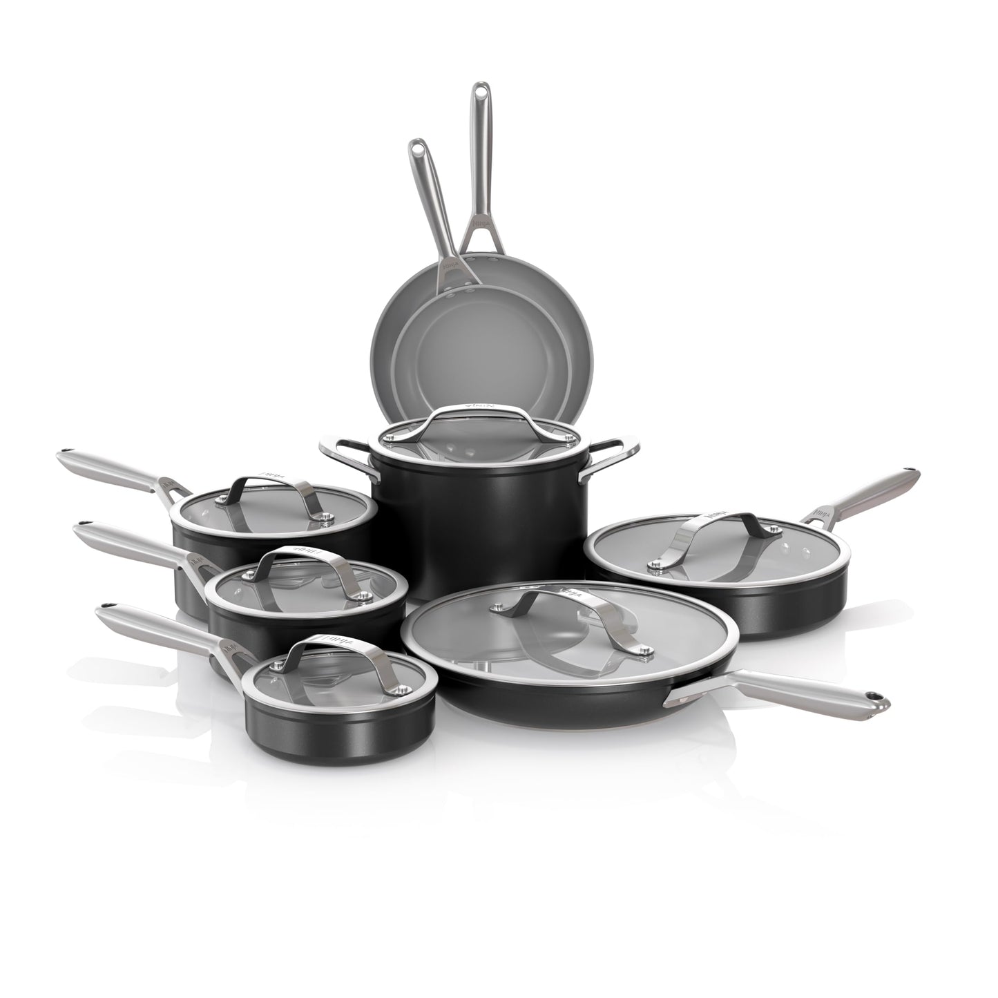 Ninja Ceramic Pro 14-Piece Cookware Set, Non-Stick Pots & Pans Set with Glass Lids, Nontoxic, PTFE Free, Ceramic Coated, Oven Safe, All Stovetops & Induction Compatible, Black, CW39014BK