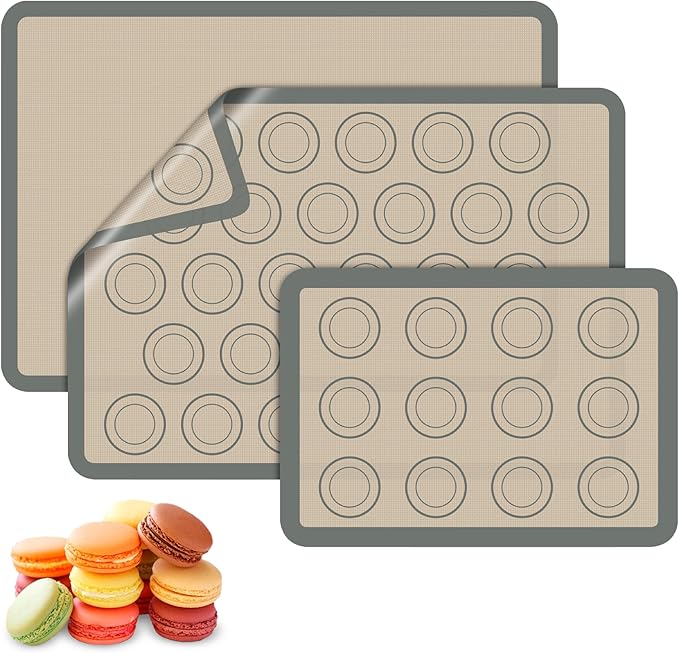 Macaron Silicone Baking Mats, 3 PCS Non Stick Macaroon Mat Silicone for Macarons, Cookie, Pastry, Gray