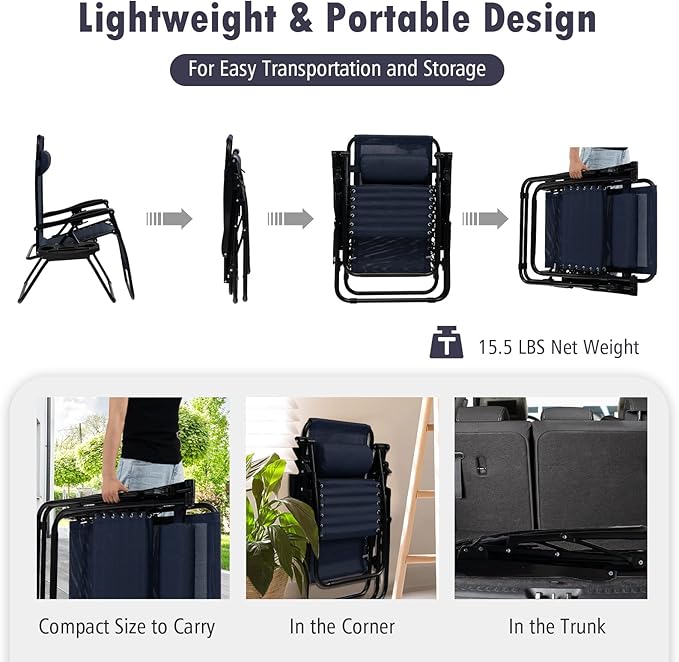 Tangkula Zero Gravity Chair, Folding Patio Lounge Chair Adjustable Outdoor Recliner with Cup Holder, Wide Armrest for Patio Garden Poolside Outdoor Yard Beach, Support 350 lbs (1, Navy Blue)