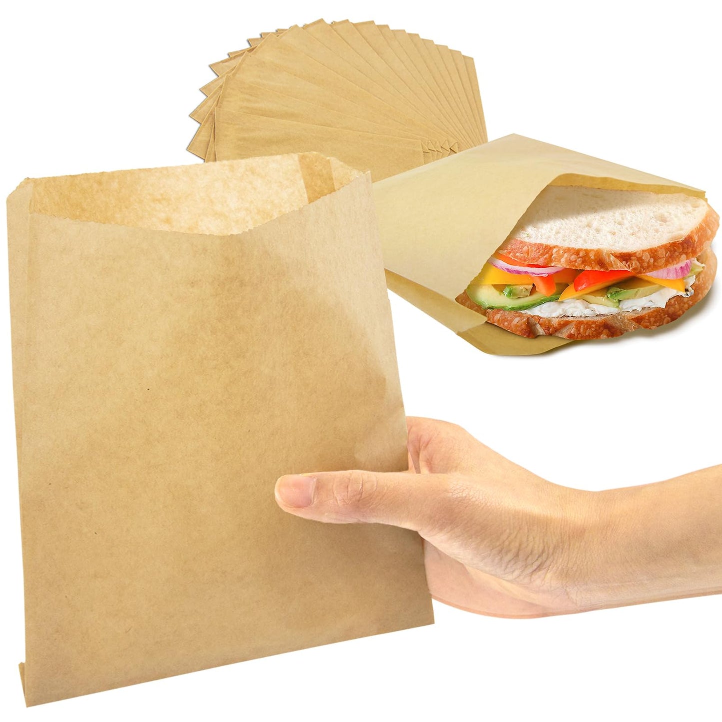Fit Meal Prep 200 Pack Paper Sandwich Bags 7 x 6”, Greaseproof Snack Bags, Unbleached Pastry Bag, Recyclable Small Brown Paper Bags, Cookie Sleeves, Food Packing for Bakery, Donuts