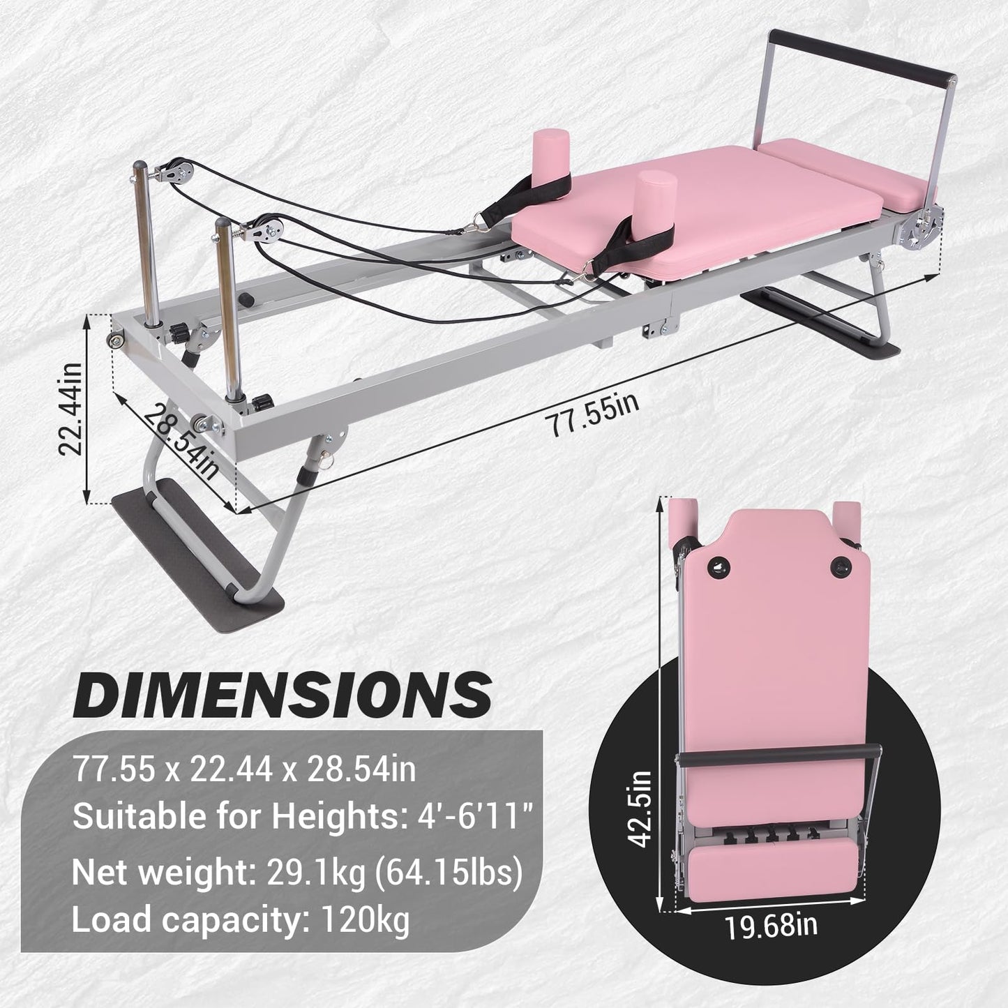 Pilates Reformer Machine Equipment Pink ,Foldable Home Reformer Pilates with Resistance Cords for Workout,Paeta Pilates Reformer