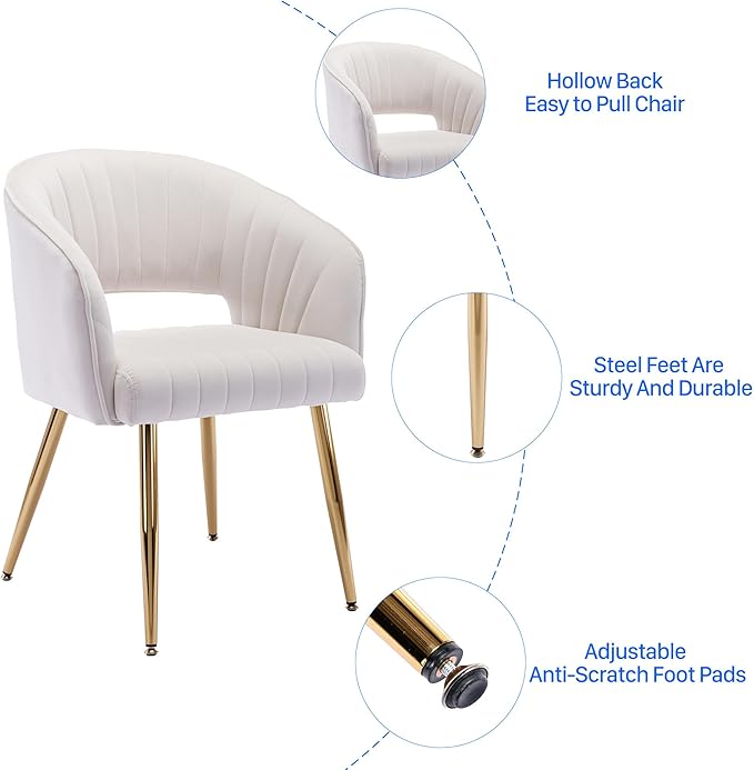 KCC Modern Accent Dining Chairs Set of 2, Upholstered Velvet Dining Room Chairs with Hollow Back, Tufted Kitchen Chairs Side Chairs with Gold Metal Legs for Living Room Restaurant, Cream